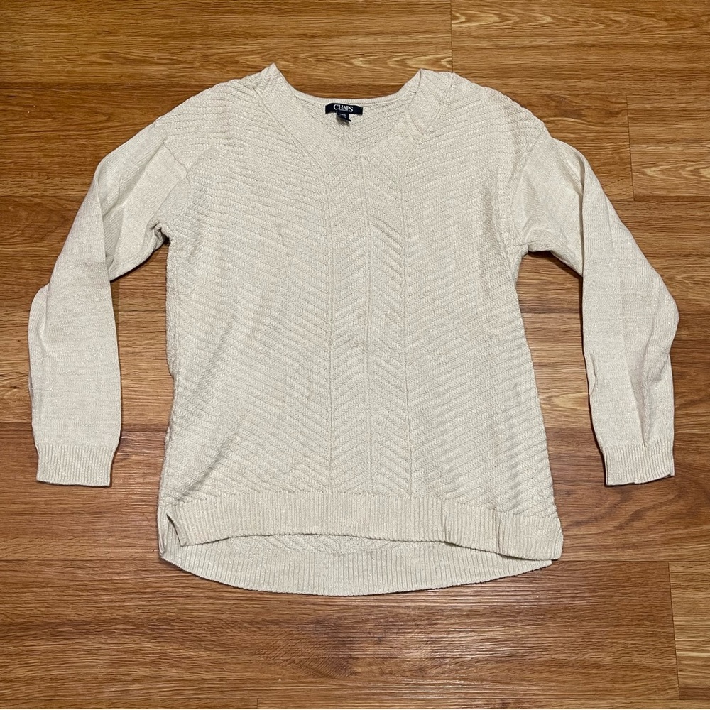 Chaps Ladies V Neck Pullover Sweater in Natural White, Gold Shimmer, Size Large